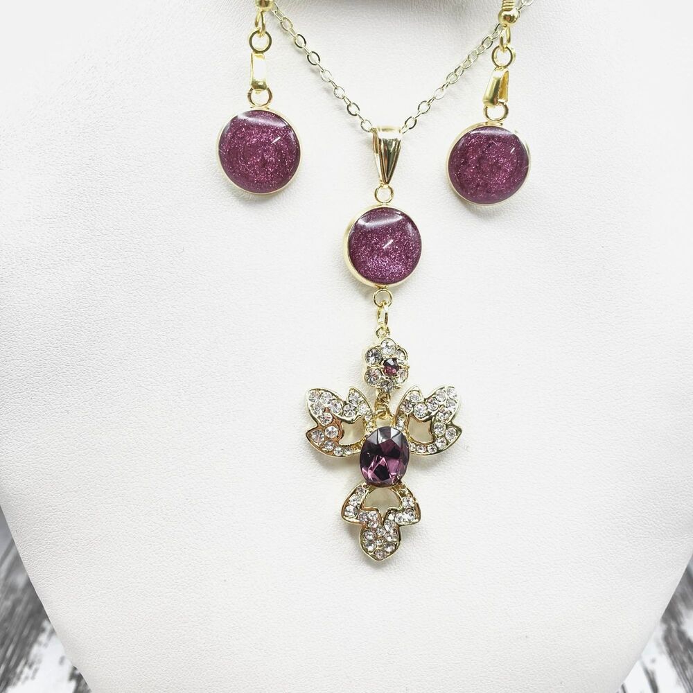 Purple Rhinestone Necklace & Earrings Set | Handmade Resin Set